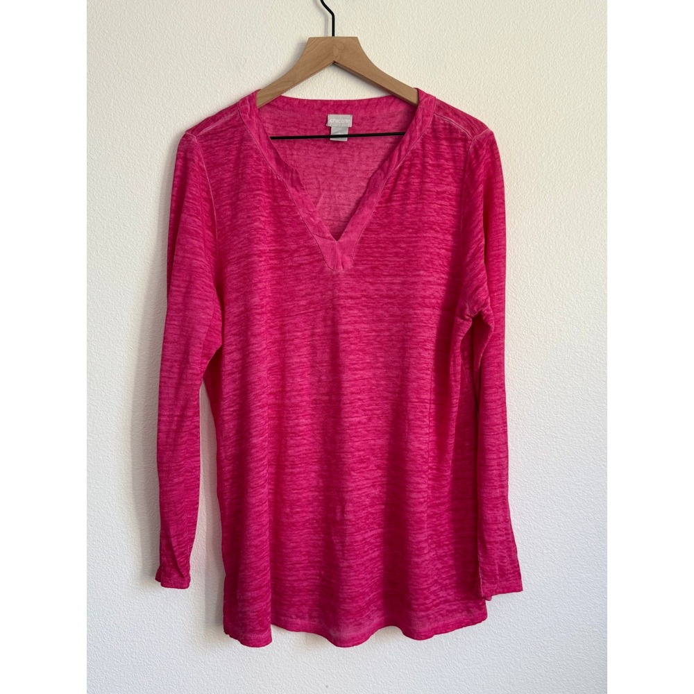 Chicos Top 1 Pink V-Neck Slub Knit Long Sleeve Tunic Classic Casual Lightweight
